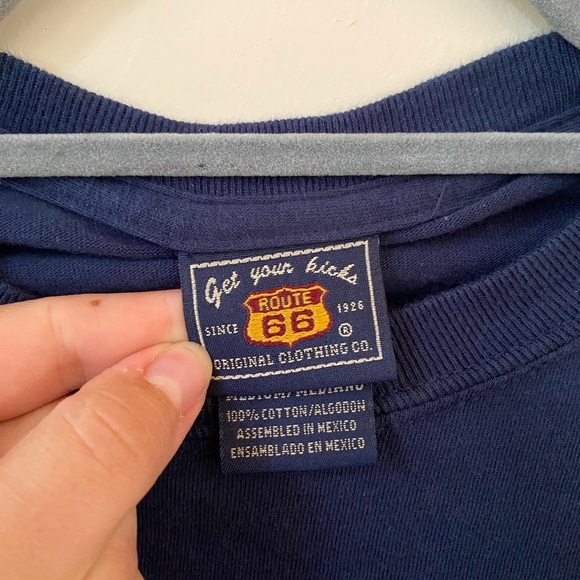 VINTAGE GET YOUR KISSES KICKS ROUTE 66 MENS NAVY BLUE T-SHIRT WITH STRIPE COTTON - Picture 3 of 6